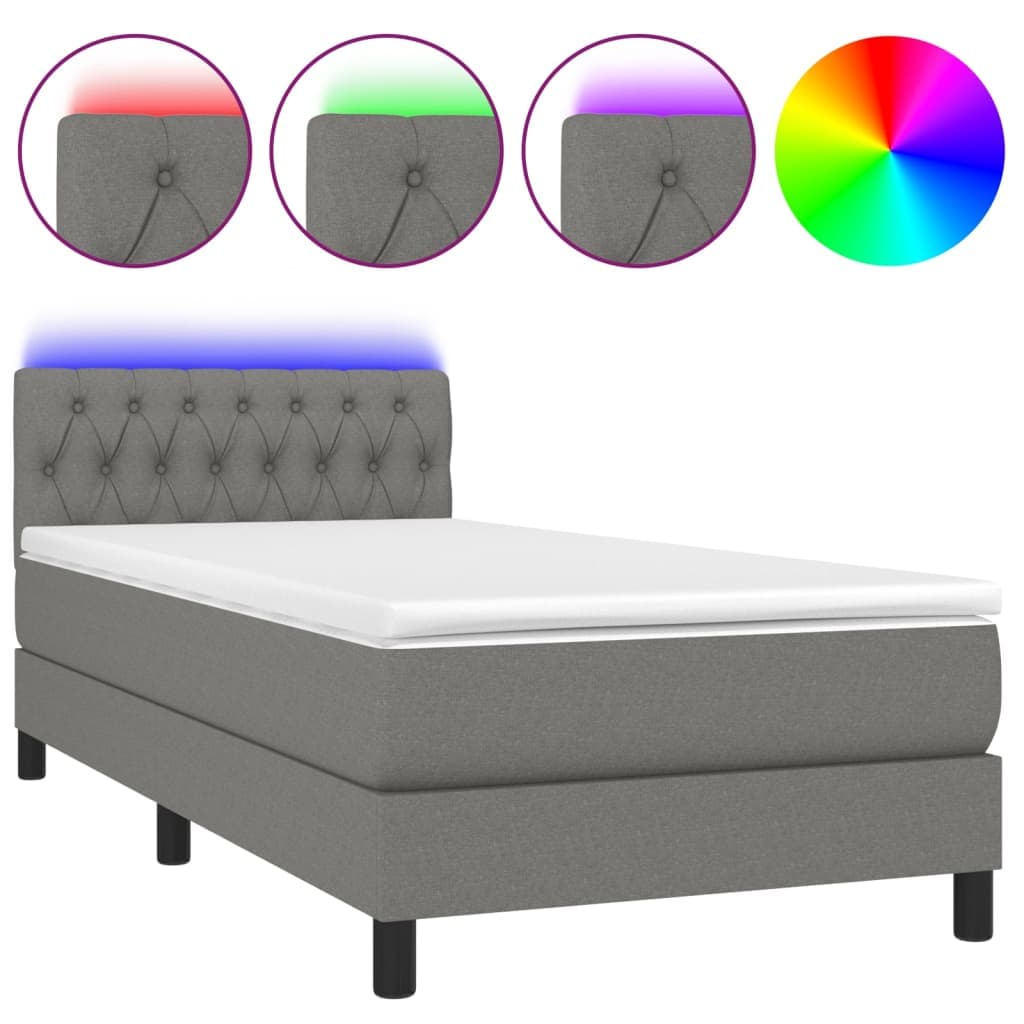 vidaXL Cama Box Spring com Colchão e LED 90x190 cm Tecido Cinza-escuro - 3166982703
