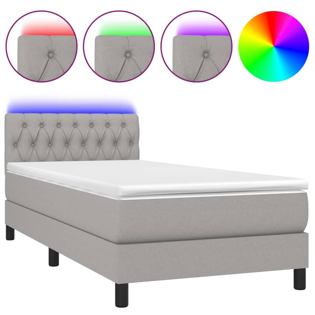 vidaXL Cama box spring c/ colchão e LED 90x200 cm tecido cinza-claro