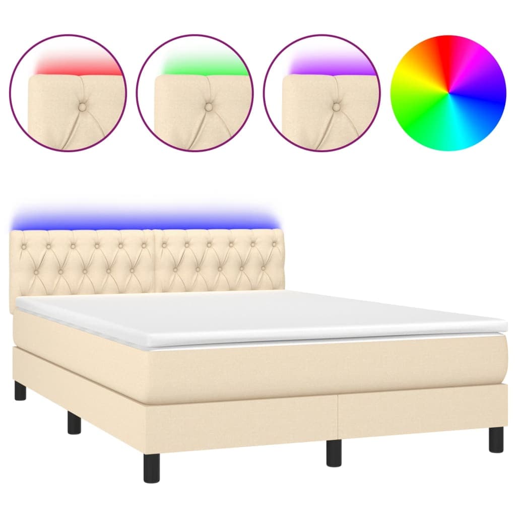 vidaXL Cama box spring c/ colchão e LED 140x190 cm tecido cor creme