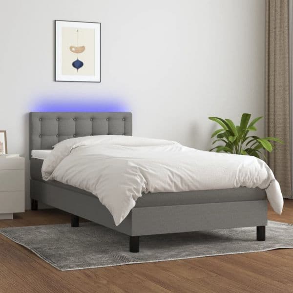 vidaXL Cama Box Spring com Colchão e LED 80x200 cm Tecido Cinza-escuro - 3775556382