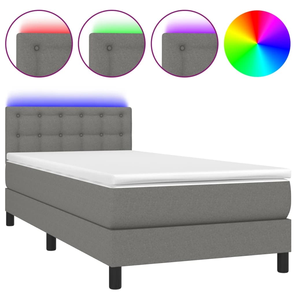 vidaXL Cama Box Spring com Colchão e LED 90x190 cm Tecido Cinza-escuro - 4023509804