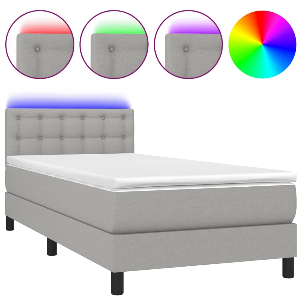 vidaXL Cama Box Spring com Colchão e LED 100x200 cm Tecido Cinza-claro - 777624866
