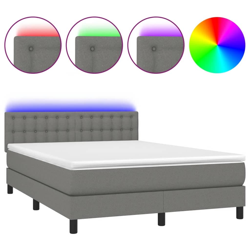 vidaXL Cama Box Spring com Colchão e LED 140x190 cm Tecido Cinza-escuro - 2238098970