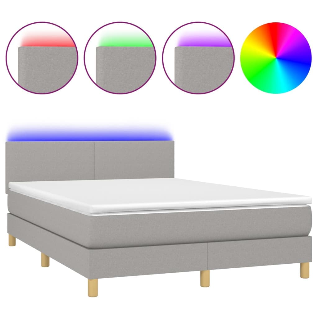 vidaXL Cama box spring c/ colchão e LED 140x190 cm tecido cinza-claro