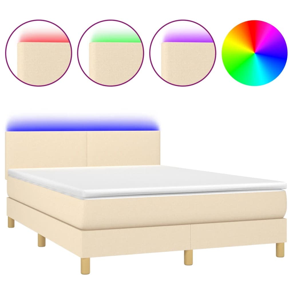 vidaXL Cama Box Spring com Colchão e LED 140x190 cm Tecido Cor Creme - 2986304182