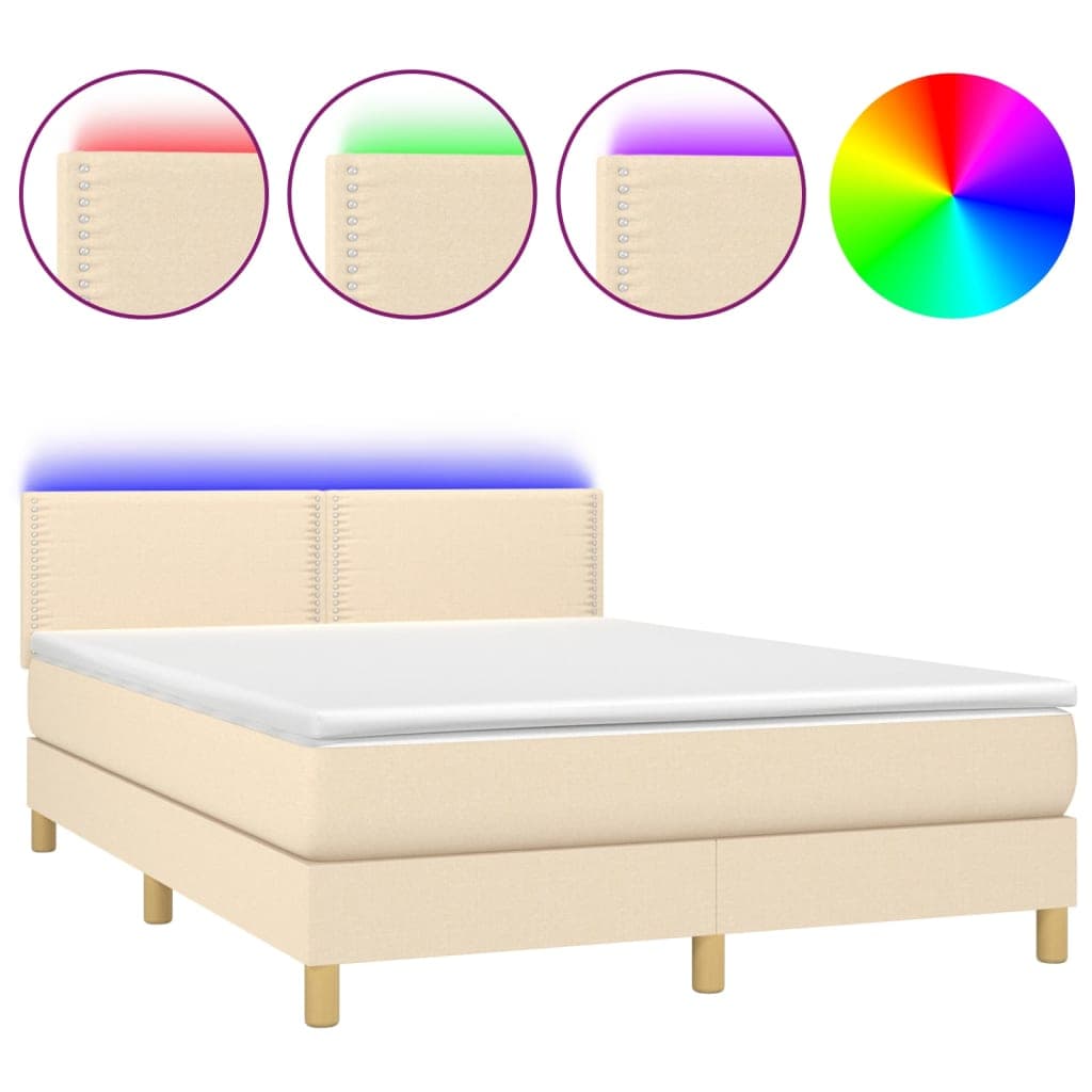 vidaXL Cama box spring c/ colchão e LED 140x200 cm tecido cor creme