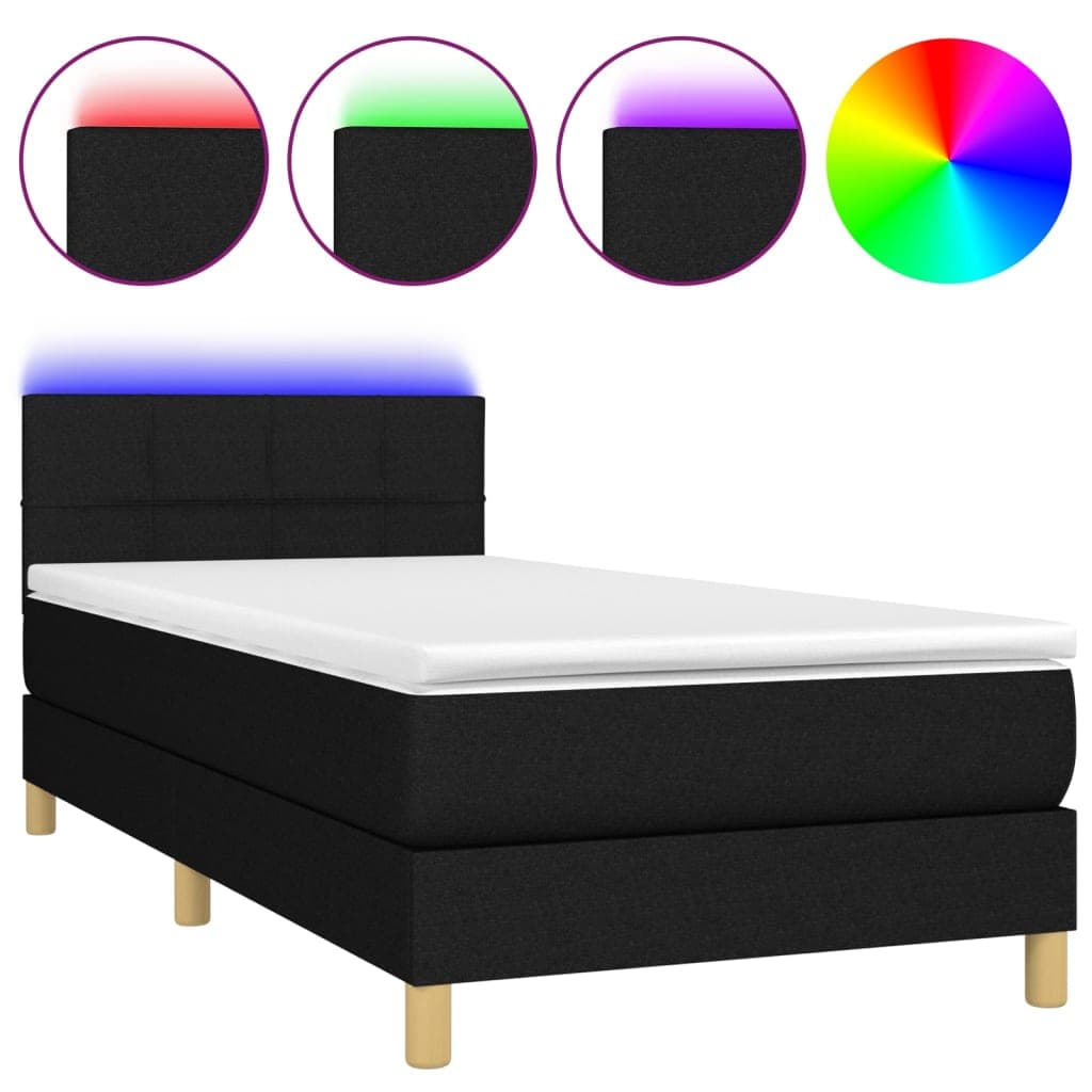 vidaXL Cama box spring c/ colchão e LED 90x200 cm tecido preto