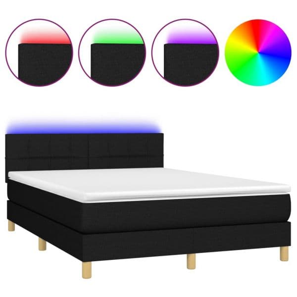 vidaXL Cama Box Spring com Colchão e LED 140x190 cm Tecido Preto - 2793244499