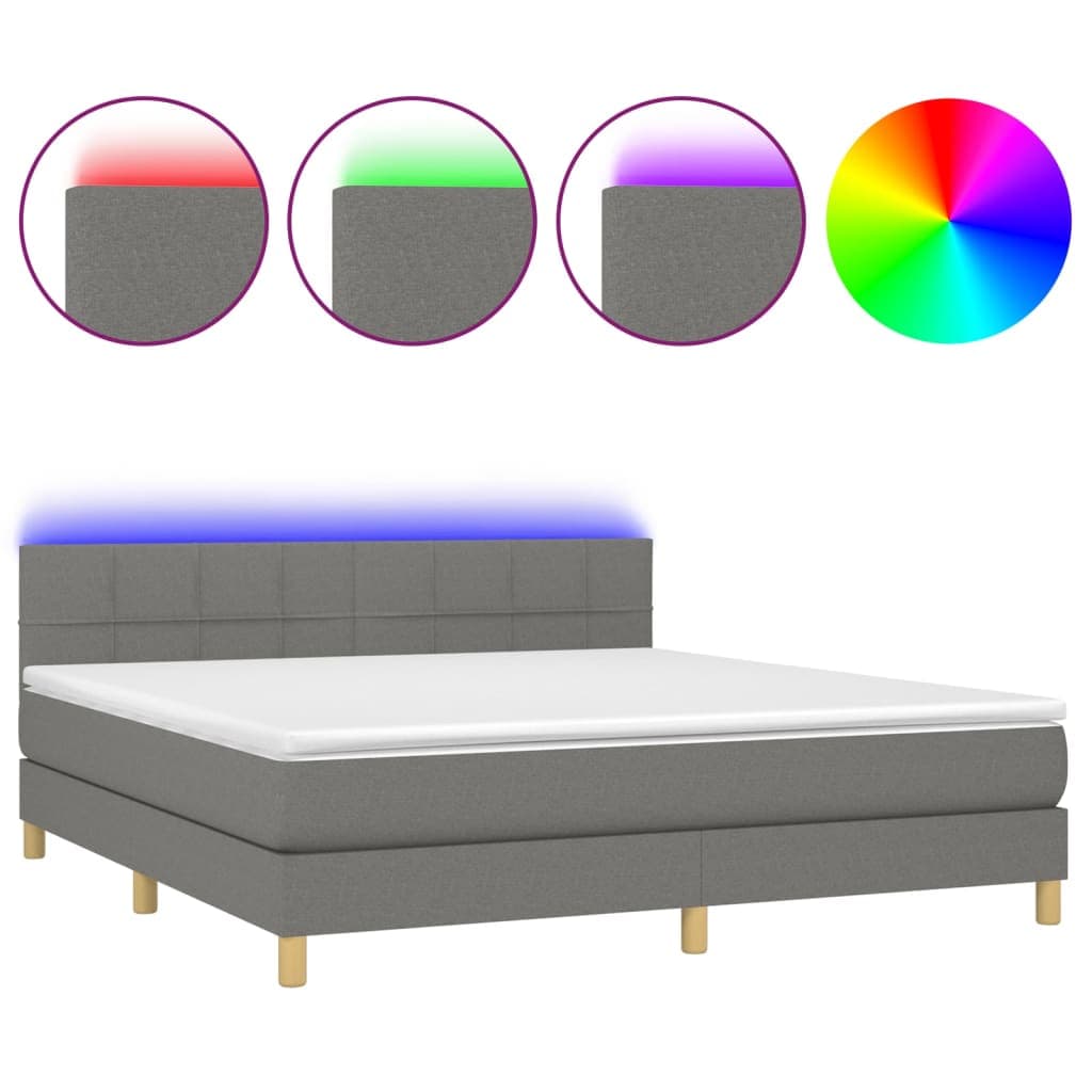 vidaXL Cama Box Spring com Colchão e LED 180x200 cm Tecido Cinza-escuro - 3827372382