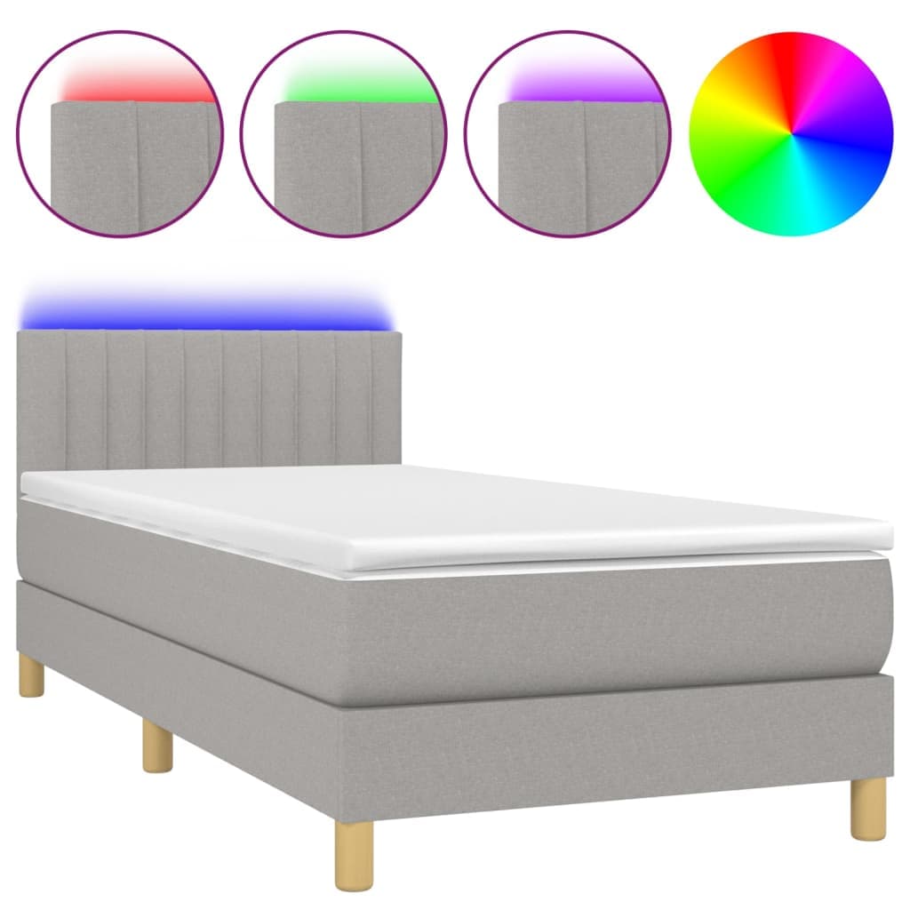 vidaXL Cama Box Spring com Colchão e LED 90x200 cm Tecido Cinza-claro - 3611029554