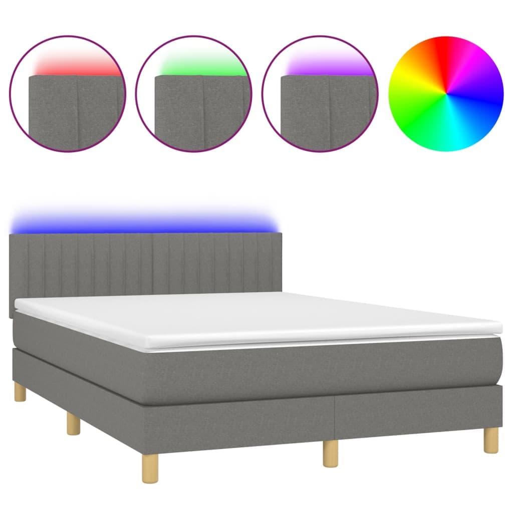 vidaXL Cama box spring c/ colchão e LED 140x190 cm tecido cinza-escuro
