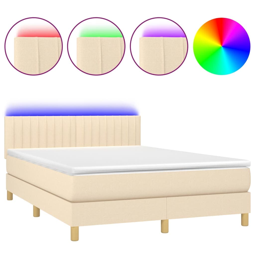 vidaXL Cama box spring c/ colchão e LED 140x190 cm tecido cor creme