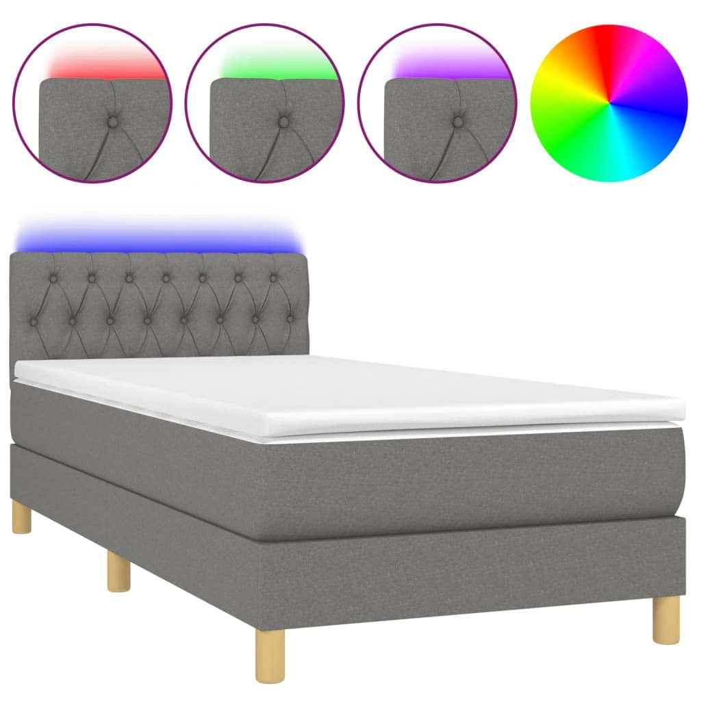 vidaXL Cama Box Spring com Colchão e LED 90x190 cm Tecido Cinza-escuro - 3577680637