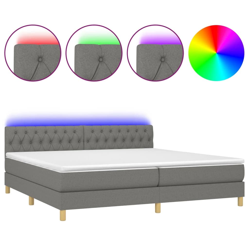 vidaXL Cama box spring c/ colchão e LED 200x200 cm tecido cinza-escuro