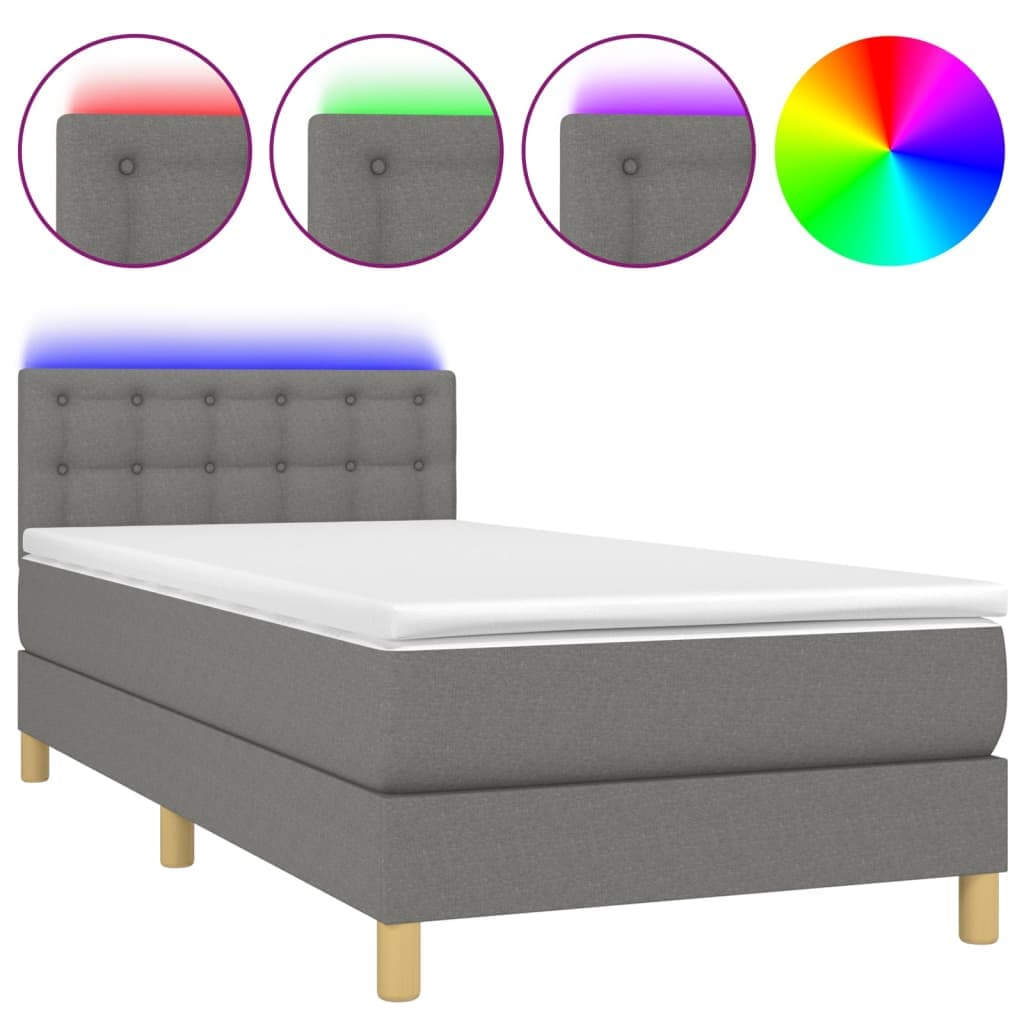 vidaXL Cama box spring c/ colchão e LED 90x200 cm tecido cinza-escuro