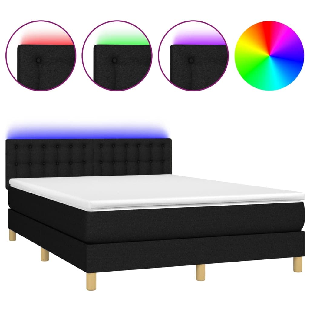vidaXL Cama Box Spring com Colchão e LED 140x190 cm Tecido Preto - 215206893