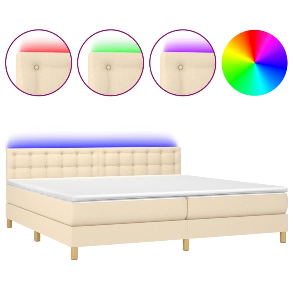 vidaXL Cama box spring c/ colchão e LED 200x200 cm tecido cor creme