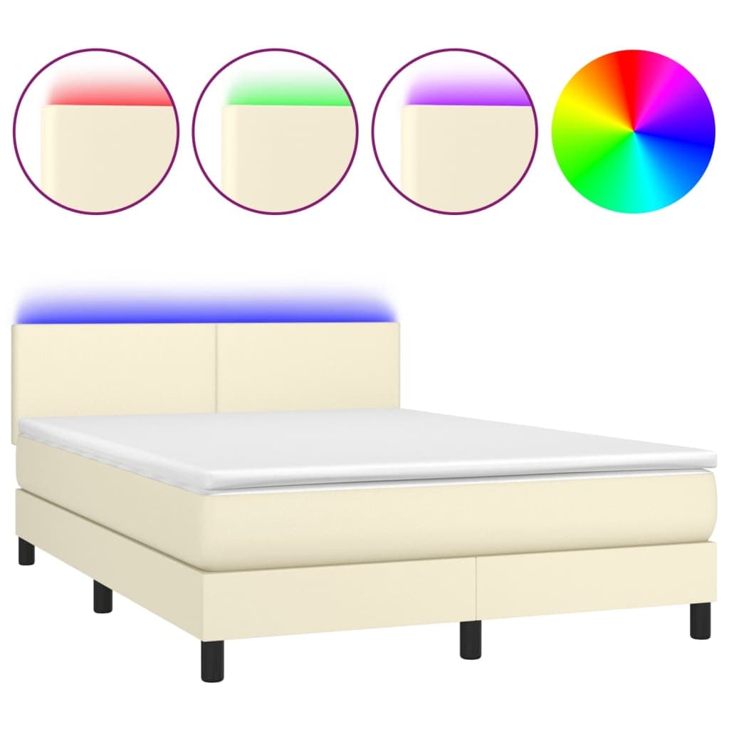 vidaXL Cama box spring c/ colchão/LED 140x190cm couro artificial creme