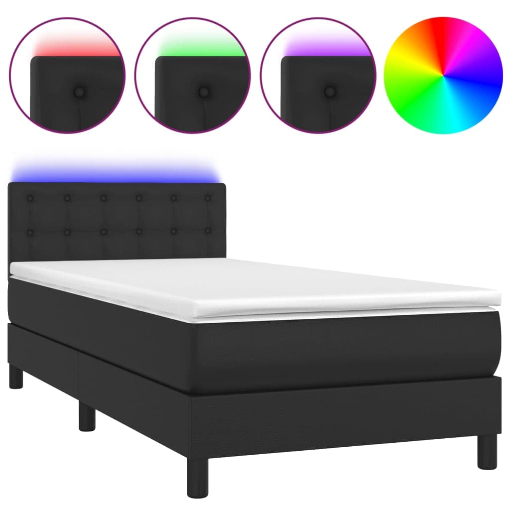 vidaXL Cama box spring c/ colchão/LED 80x200 cm couro artificial preto