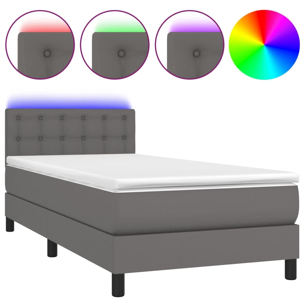 vidaXL Cama box spring c/ colchão/LED 90x200 cm couro artificial cinza