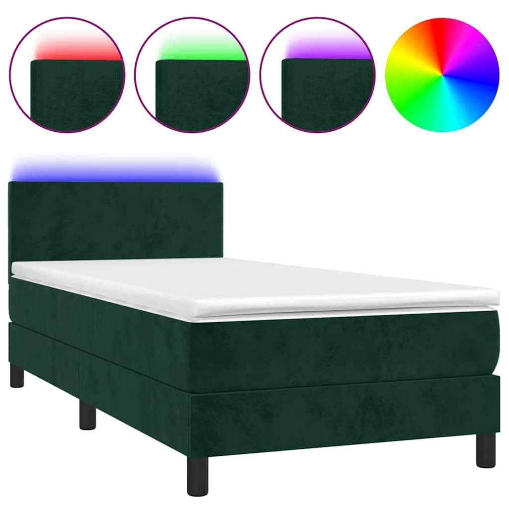 vidaXL Cama box spring c/ colchão/LED 100x200 cm veludo verde-escuro
