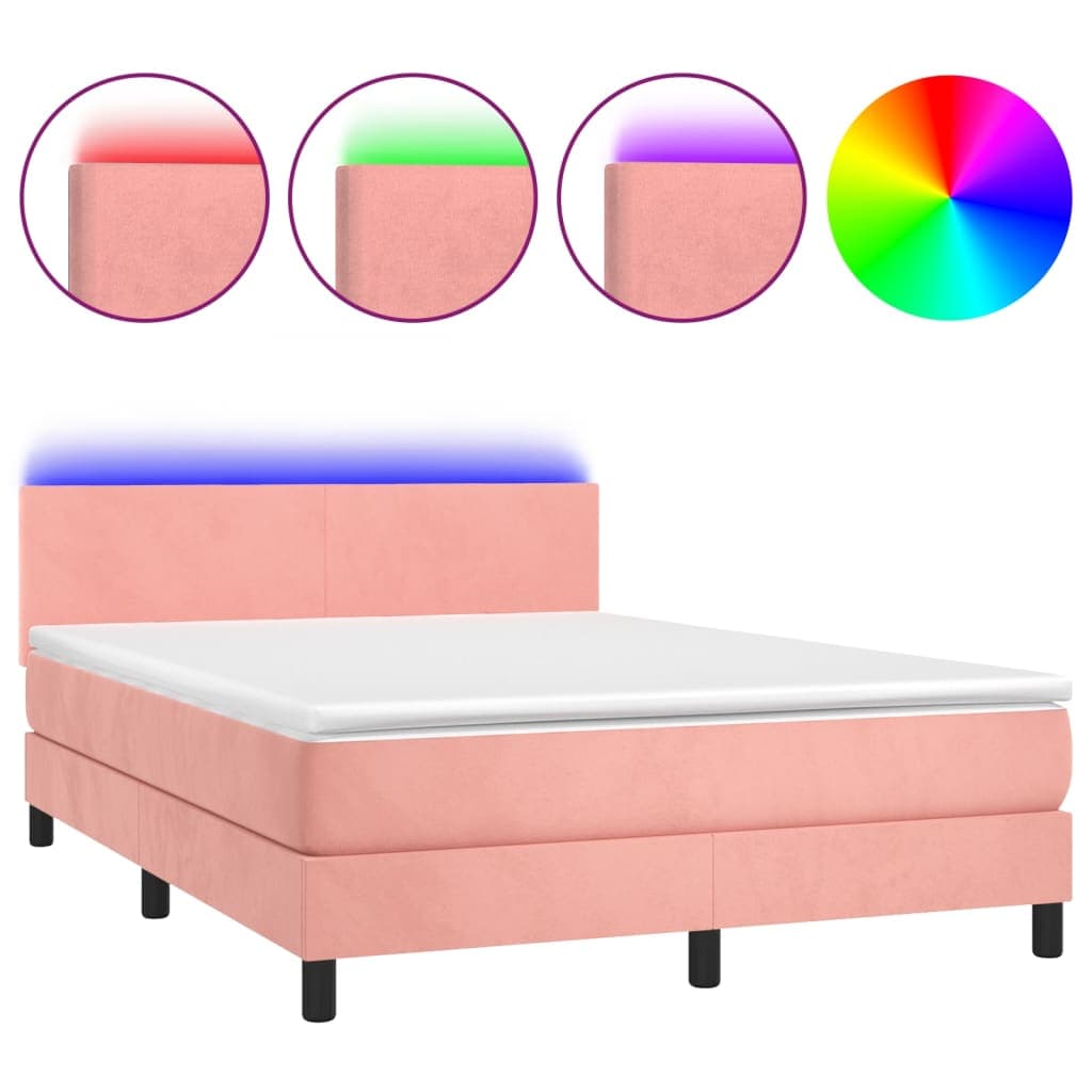 vidaXL Cama box spring c/ colchão/LED 140x200 cm veludo rosa