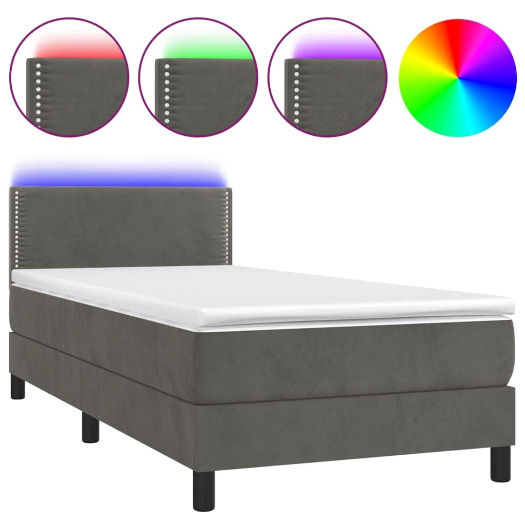 vidaXL Cama box spring c/ colchão/LED 100x200cm veludo cinzento-escuro