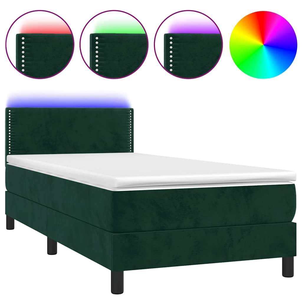 vidaXL Cama box spring c/ colchão/LED 100x200 cm veludo verde-escuro