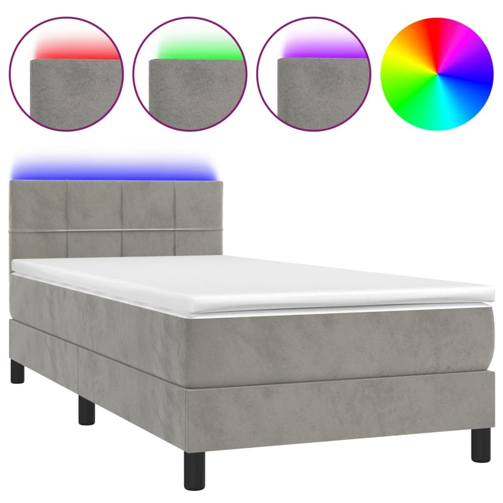 vidaXL Cama box spring c/ colchão/LED 100x200 cm veludo cinzento-claro