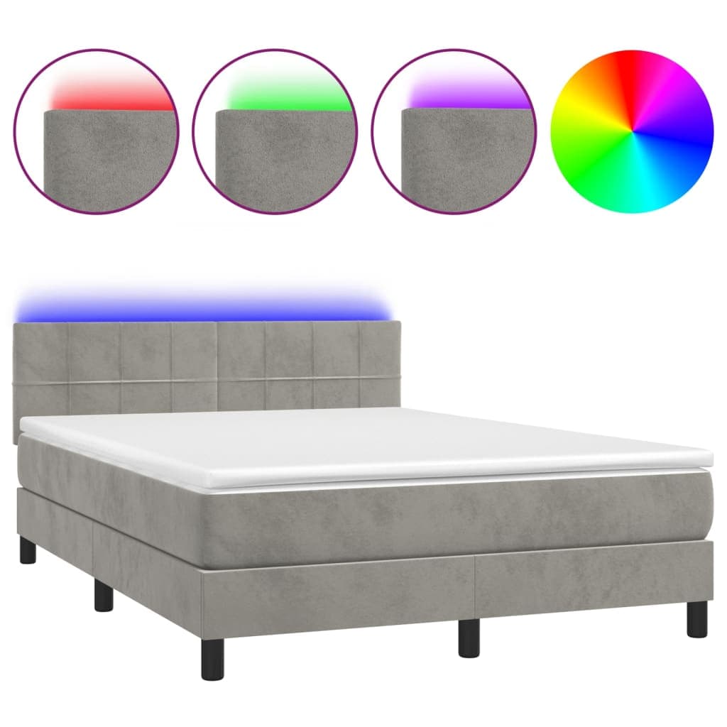 vidaXL Cama box spring c/ colchão/LED 140x190 cm veludo cinzento