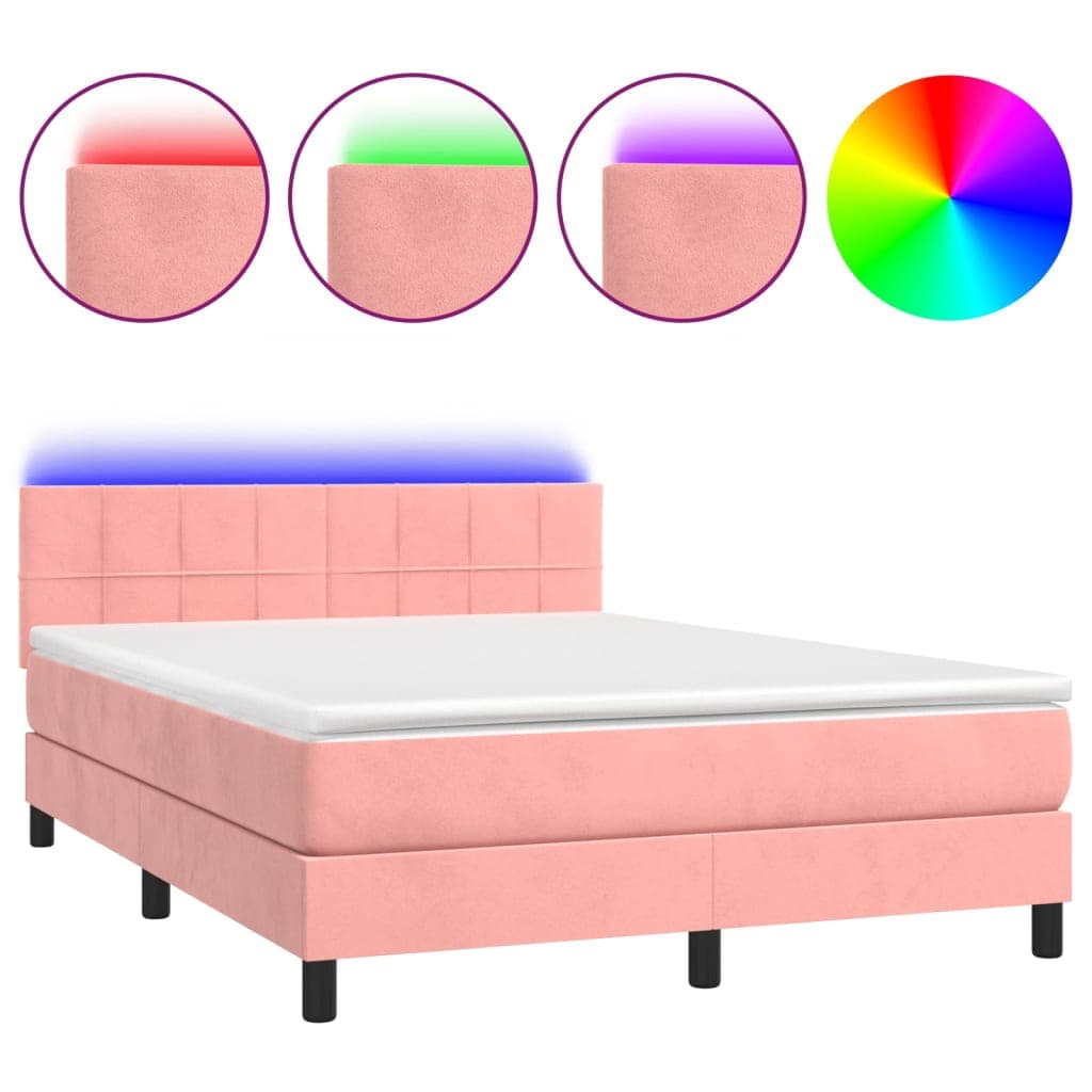 vidaXL Cama box spring c/ colchão/LED 140x190 cm veludo rosa