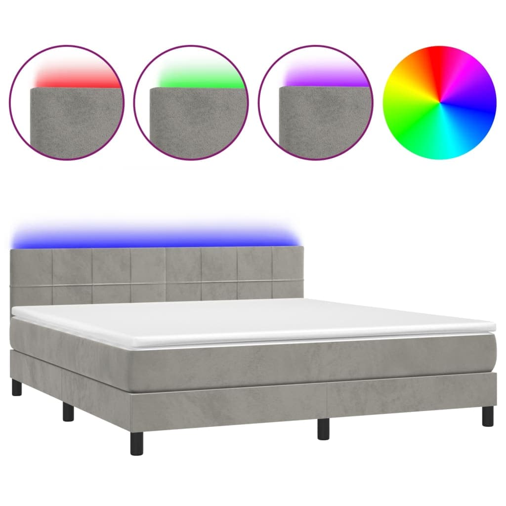 vidaXL Cama box spring c/ colchão/LED 180x200 cm veludo cinzento-claro