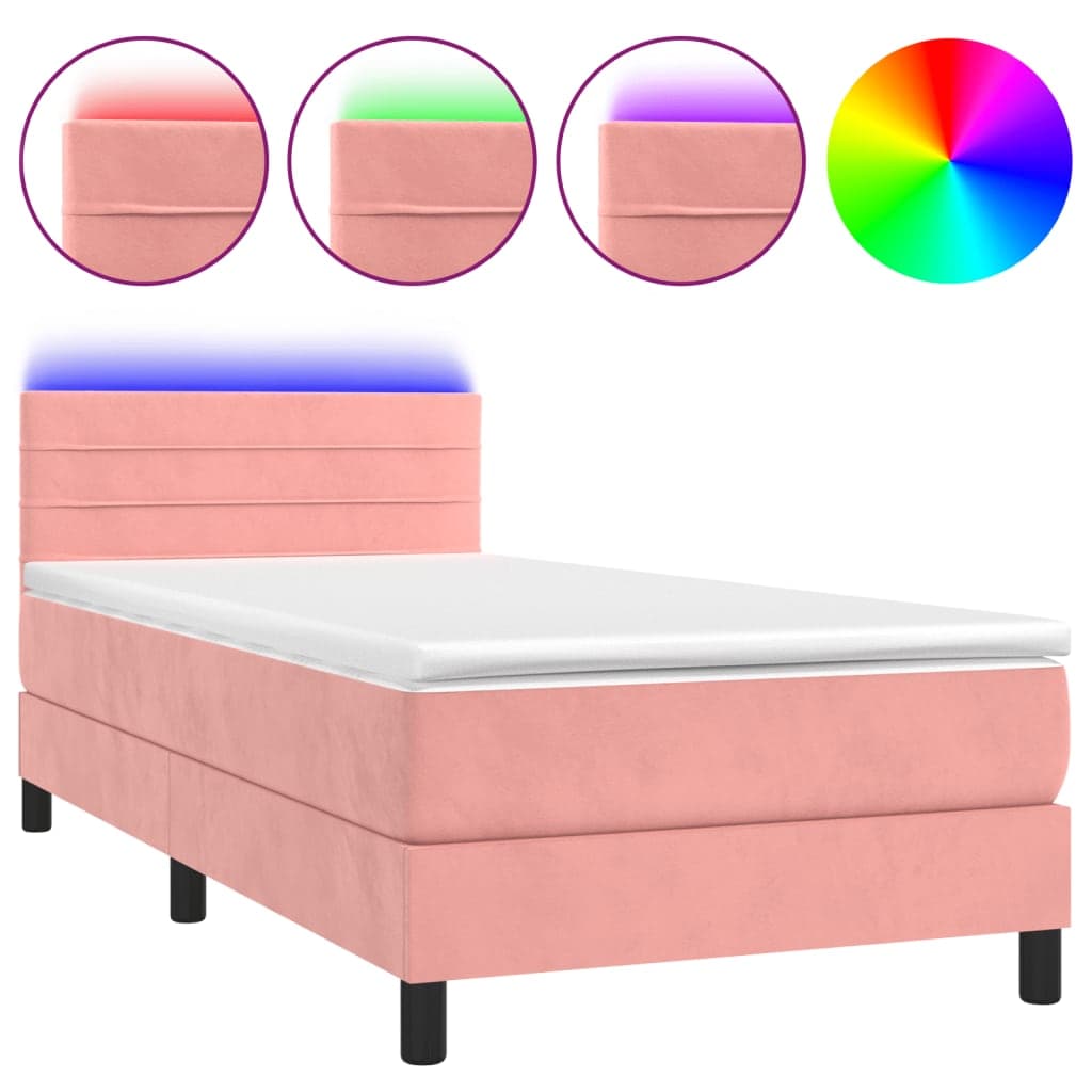 vidaXL Cama box spring c/ colchão/LED 90x200 cm veludo rosa