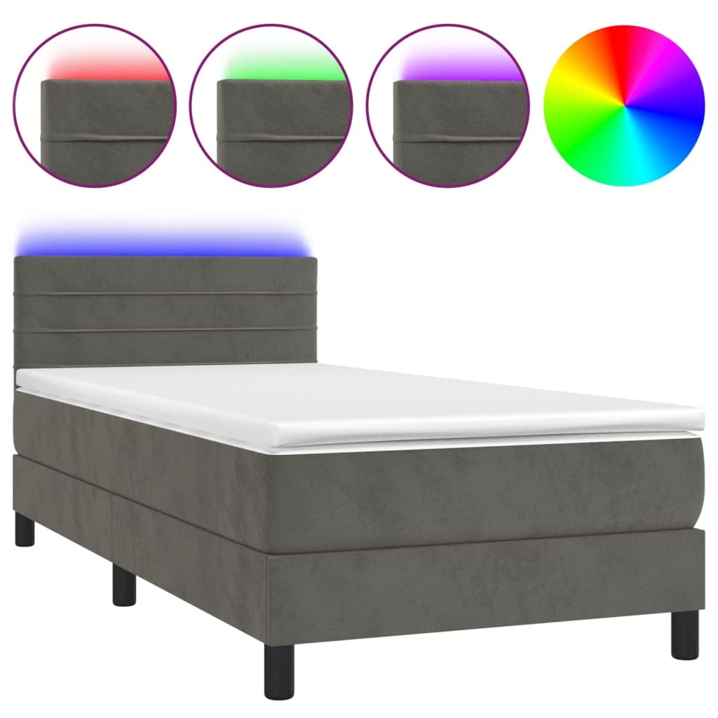 vidaXL Cama box spring c/ colchão/LED 100x200cm veludo cinzento-escuro