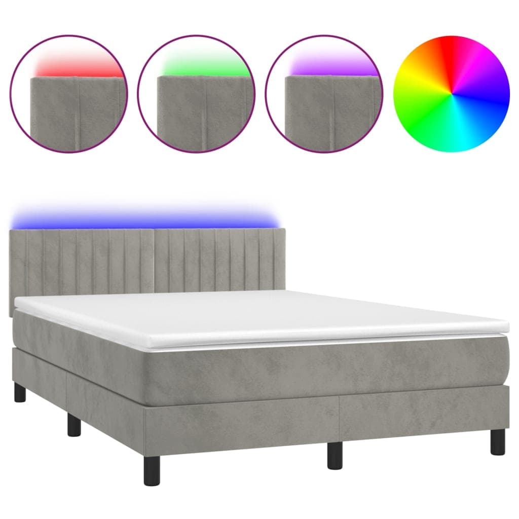vidaXL Cama box spring c/ colchão/LED 140x200 cm veludo cinzento-claro