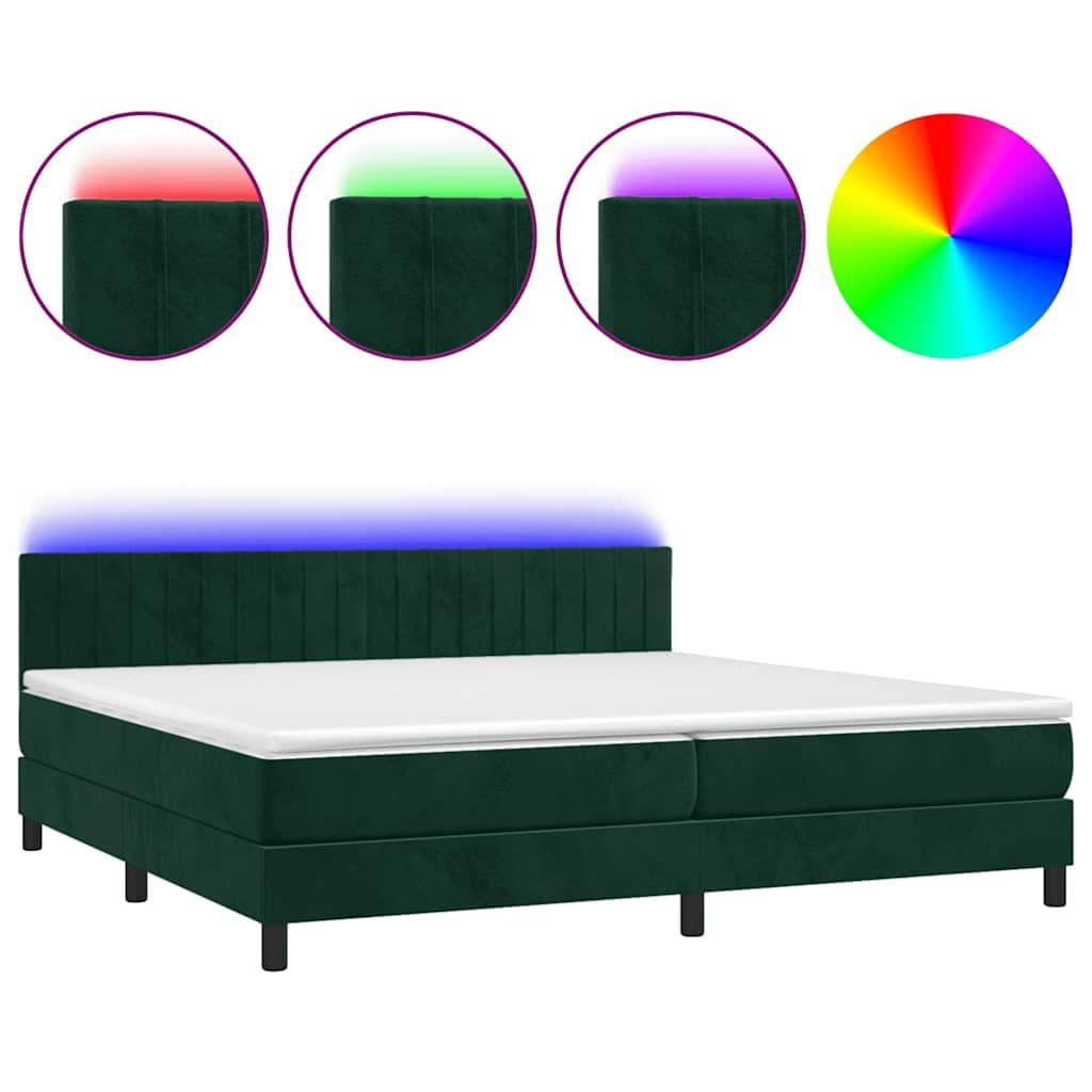 vidaXL Cama box spring c/ colchão/LED 200x200 cm veludo verde-escuro