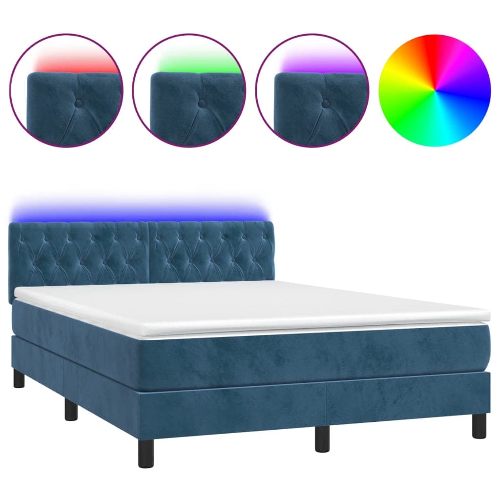 vidaXL Cama Box Spring com Colchão/led 140x200 cm Veludo Azul-escuro - 3879164159