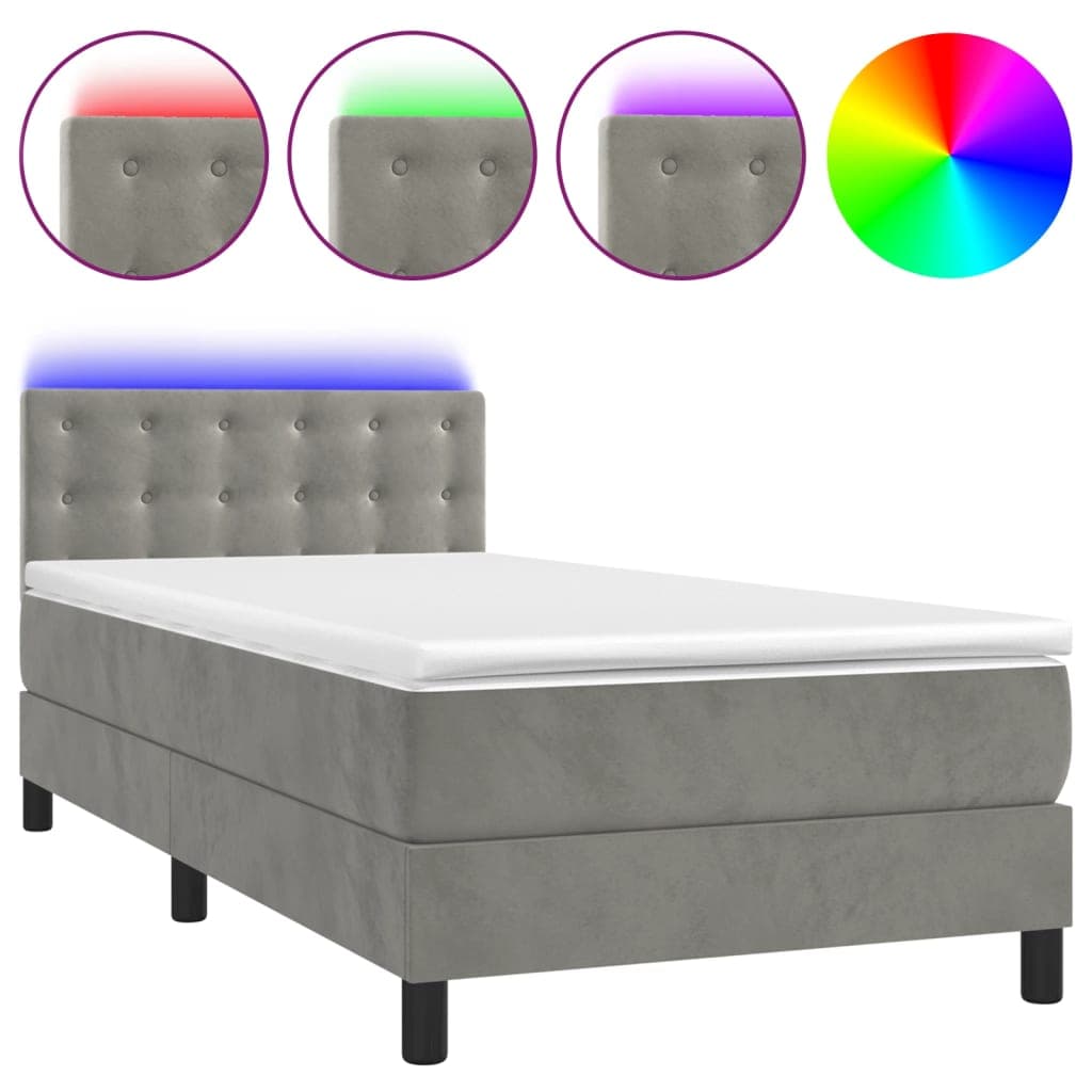 vidaXL Cama box spring c/ colchão/LED 80x200 cm veludo cinzento-claro