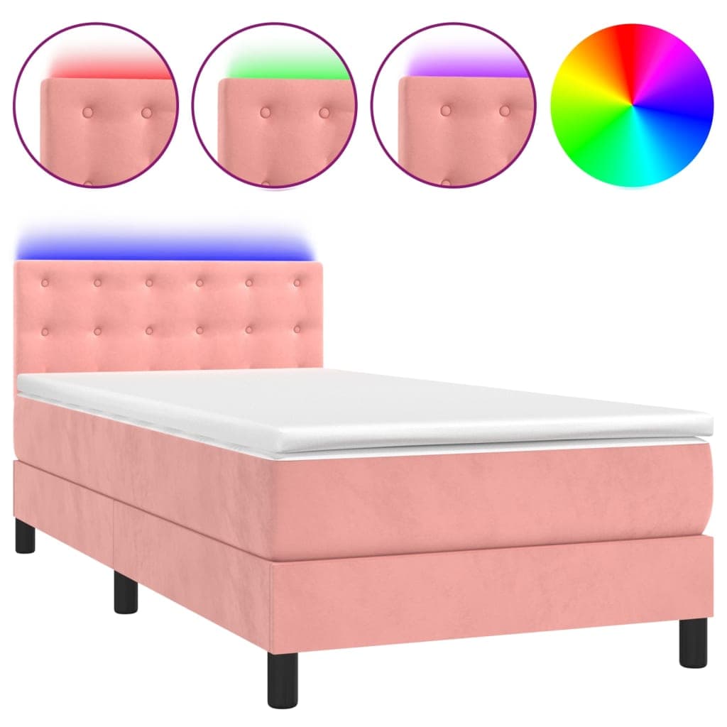 vidaXL Cama box spring c/ colchão/LED 90x190 cm veludo rosa