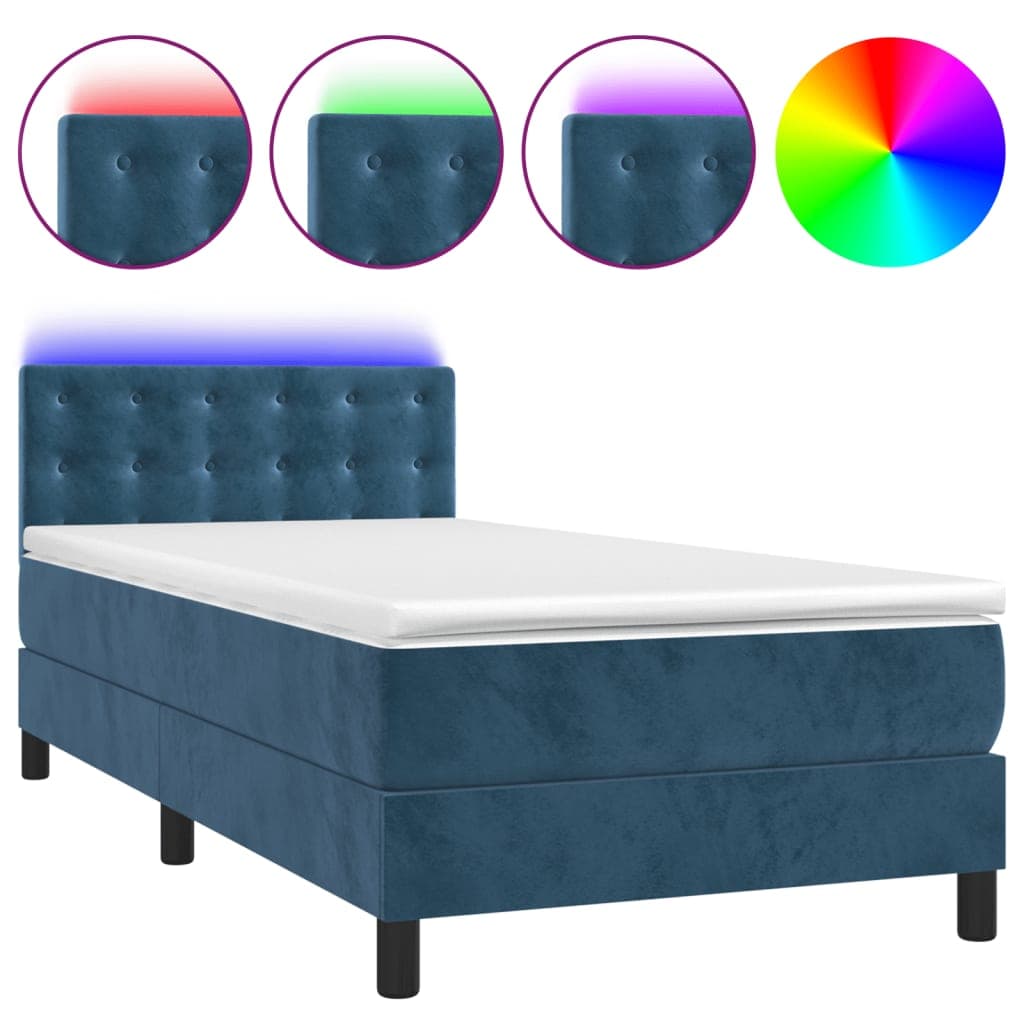 vidaXL Cama box spring c/ colchão/LED 90x200 cm veludo azul-escuro
