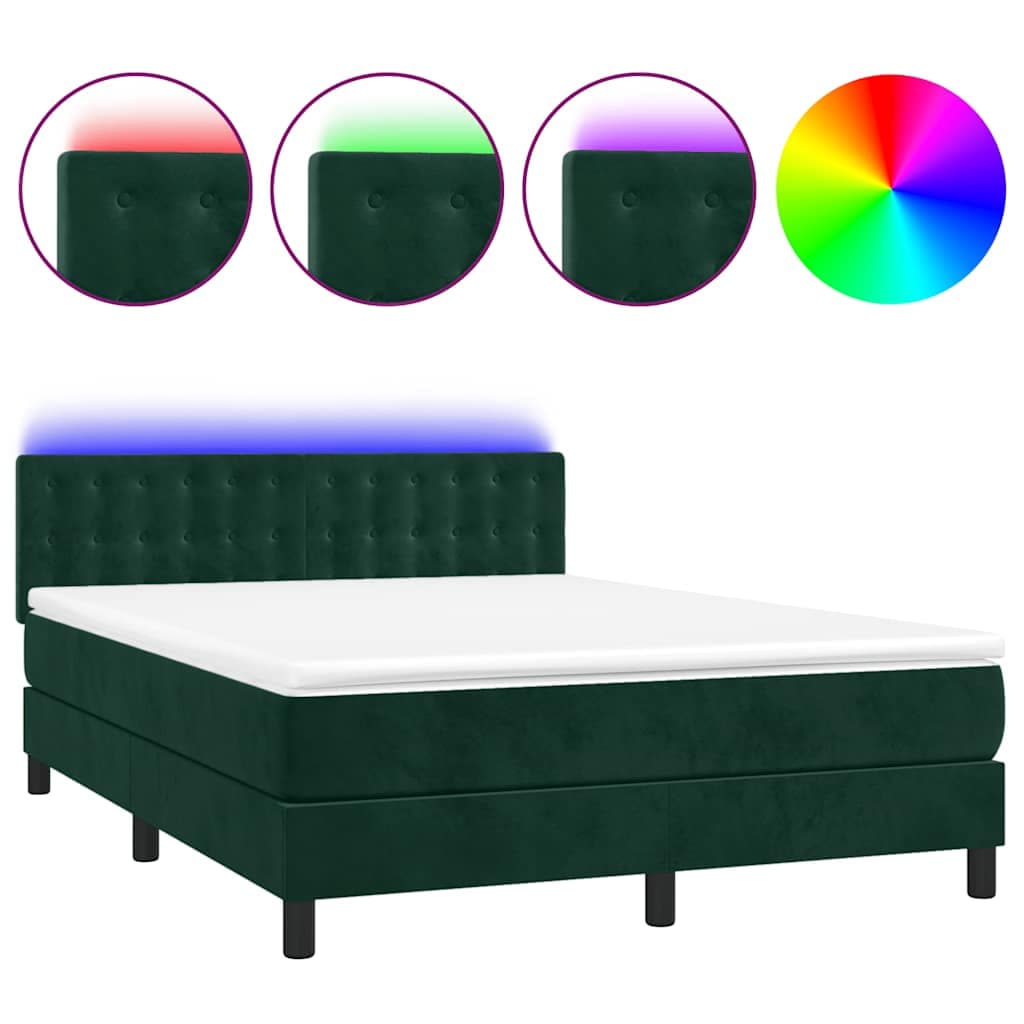 vidaXL Cama box spring c/ colchão/LED 140x200 cm veludo verde-escuro