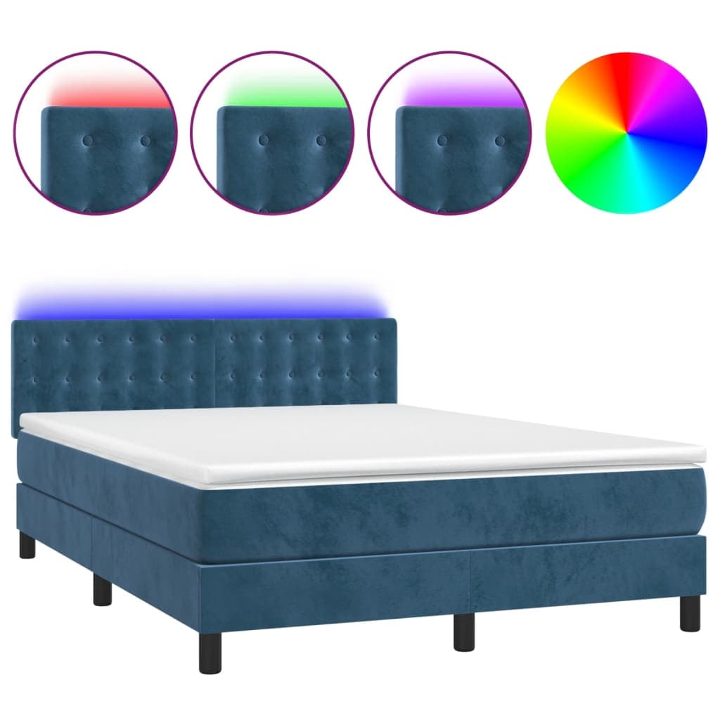 vidaXL Cama box spring c/ colchão/LED 140x200 cm veludo azul-escuro