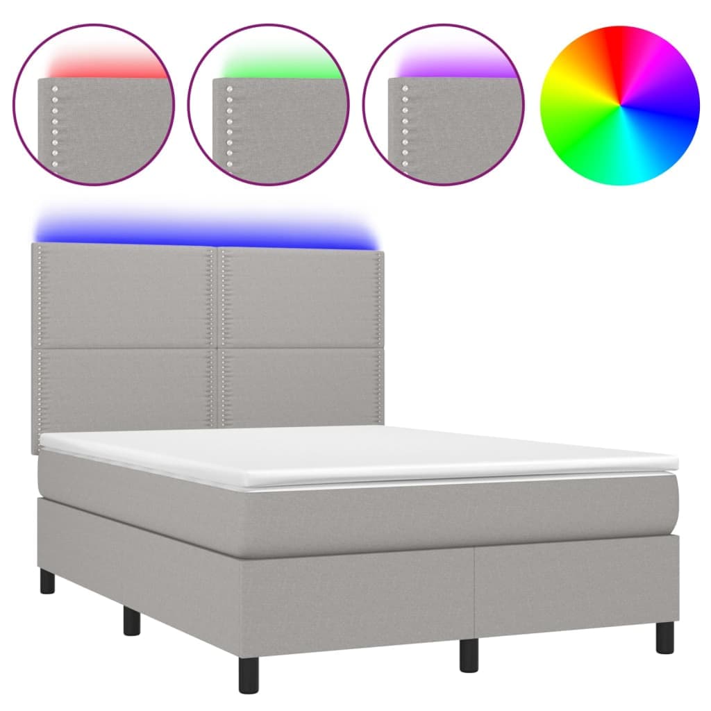 vidaXL Cama box spring c/ colchão e LED 140x200 cm tecido cinza-claro
