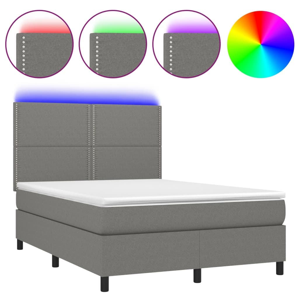 vidaXL Cama Box Spring com Colchão e LED 140x200 cm Tecido Cinza-escuro - 2326760774