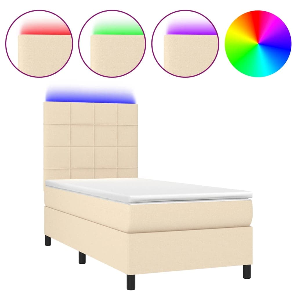 vidaXL Cama Box Spring com Colchão e LED 100x200 cm Tecido Cor Creme - 759596407