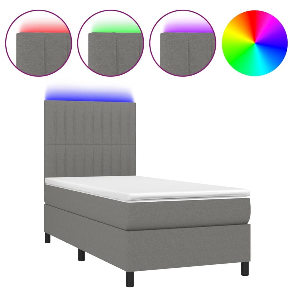 vidaXL Cama Box Spring com Colchão e LED 100x200 cm Tecido Cinza-escuro - 4130552453