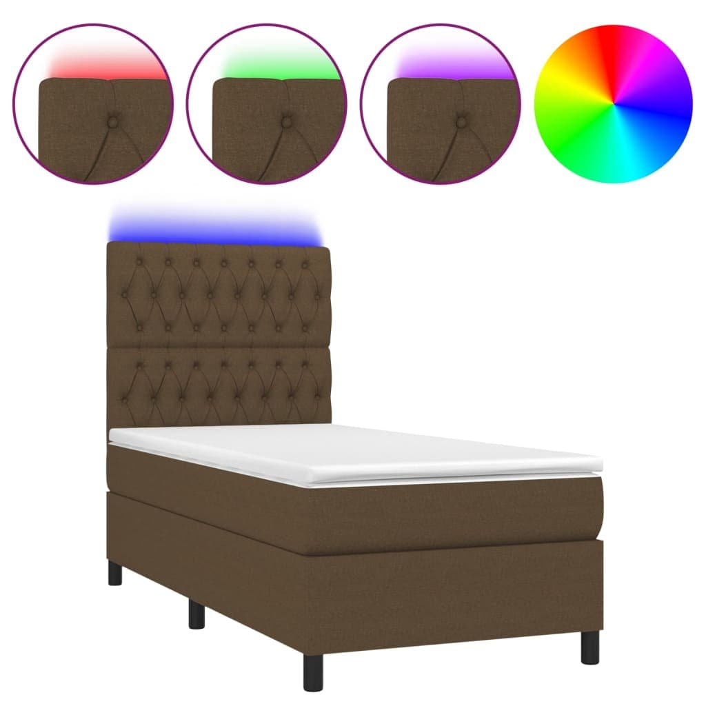 vidaXL Cama box spring c/ colchão/LED 90x190 cm tecido castanho-escuro