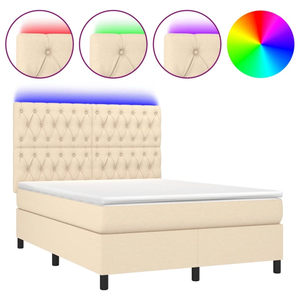 vidaXL Cama Box Spring com Colchão e LED 140x190 cm Tecido Cor Creme - 4159787186