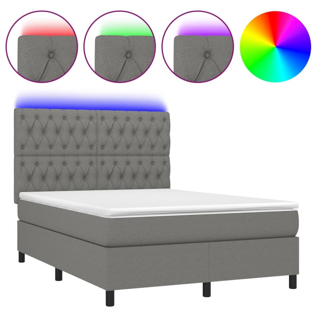 vidaXL Cama Box Spring com Colchão e LED 140x200 cm Tecido Cinza-escuro - 4266073241