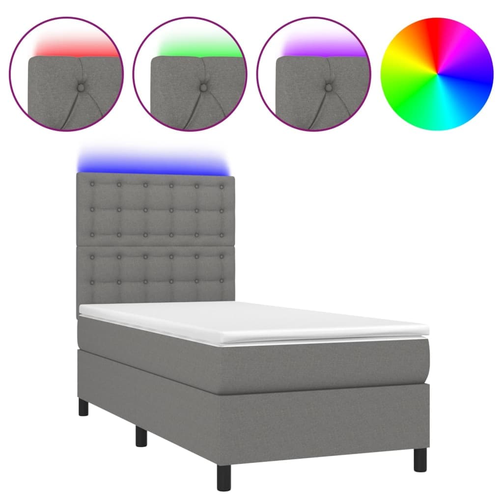 vidaXL Cama Box Spring com Colchão e LED 90x200 cm Tecido Cinza-escuro - 1455335257